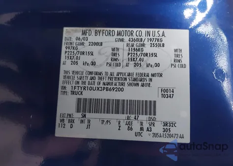 2003 Ford Ranger Edge/Xl/Xlt из США, поврежденный, VIN 1FTYR10UX3PB69200